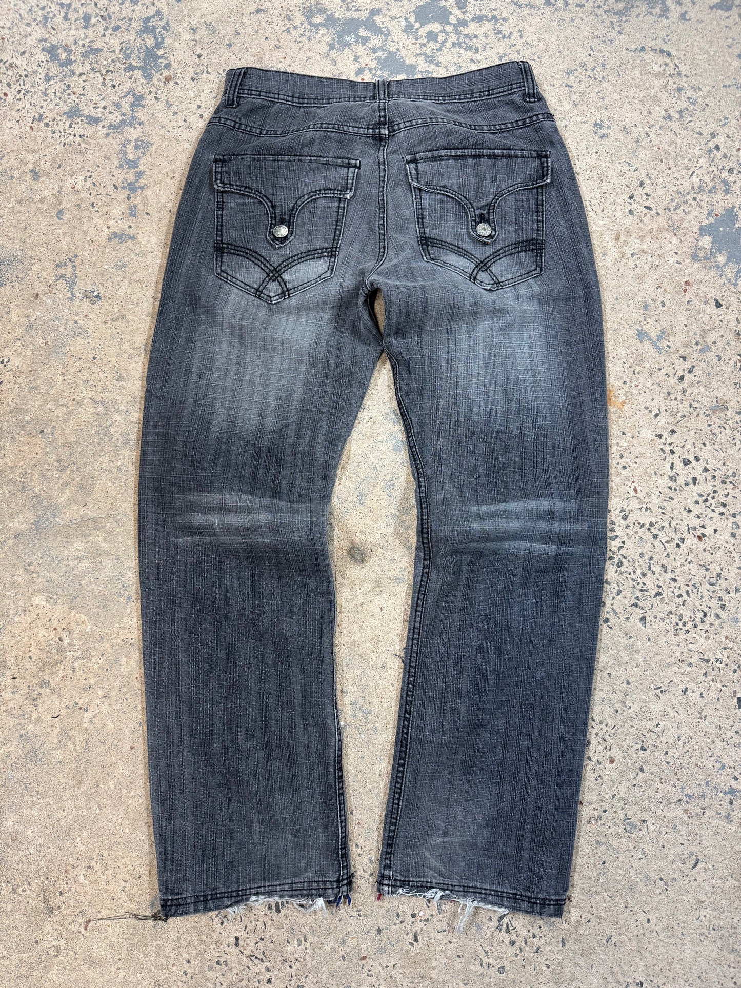 1 of 1 Distressed and Repaired Grey Wash Denim (34x32)